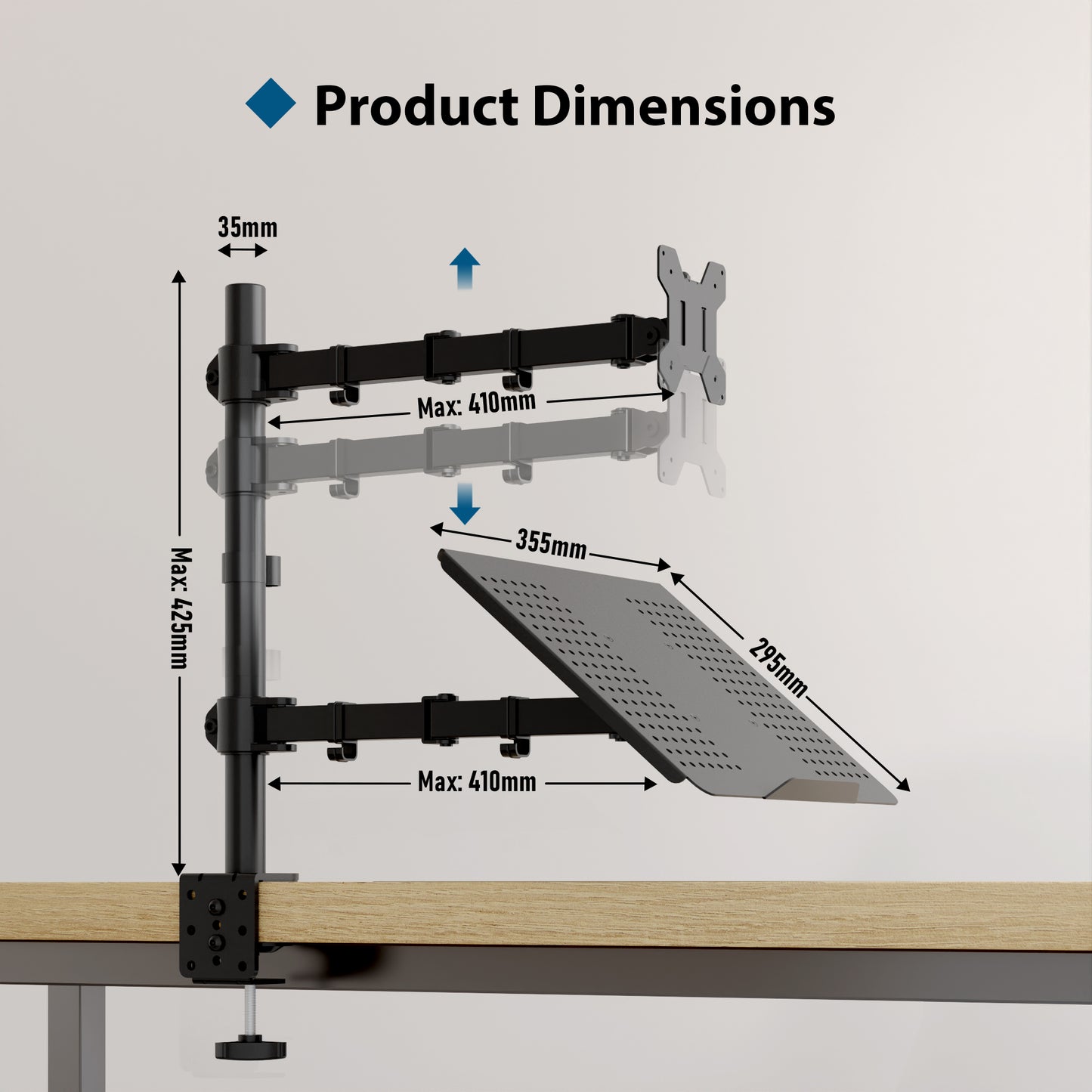 BONTEC Monitor Arm Mount with Laptop Tray for 13 to 27 inch LCD LED Screen & up to 17 inch Notebook,Tilt Rotation Swivel Ergonomic Desk Stand Bracket with Clamp, VESA Dimensions: 75x75-100x100mm