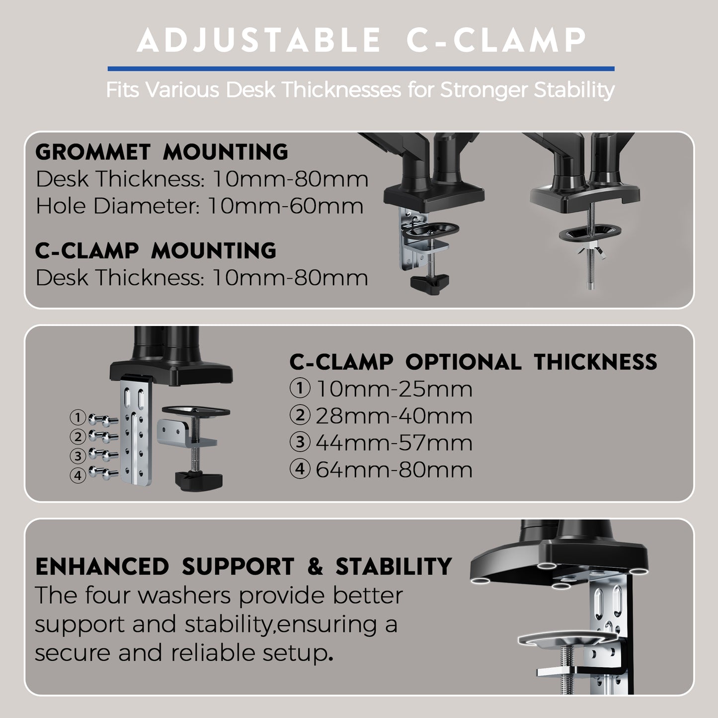 BONTEC Dual Monitor Stand, Adjustable Gas Spring Arms Monitor Desk Mount for 13-32 Inch Screens, VESA 75 & 100mm, 9KG Max Load, C Clamp, Grommet Base, Tilt, Swivel, 360° Rotation, Ergonomic Design