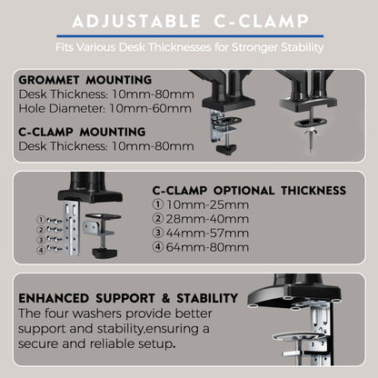 BONTEC Dual Monitor Stand, Adjustable Gas Spring Arms Monitor Desk Mount for 13-32 Inch Screens, VESA 75 & 100mm, 9KG Max Load, C Clamp, Grommet Base, Tilt, Swivel, 360° Rotation, Ergonomic Design