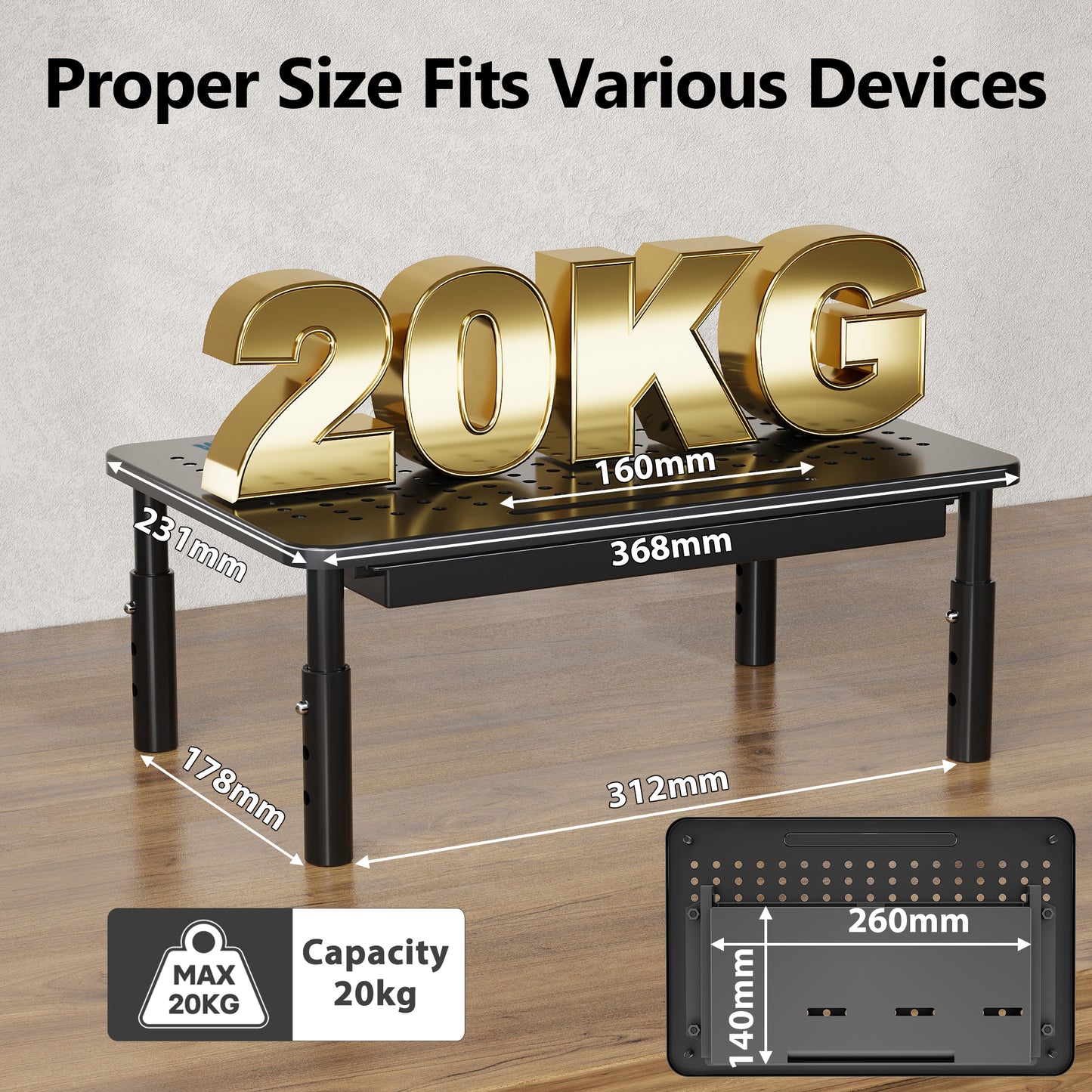 BONTEC Monitor Stand with Drawer, 3 Height Adjustable Monitor Riser for Desk, Mesh Platform for Laptop, Computer, iMac, Printer up to 20KG, Desk Organizer with Cable Ties Included