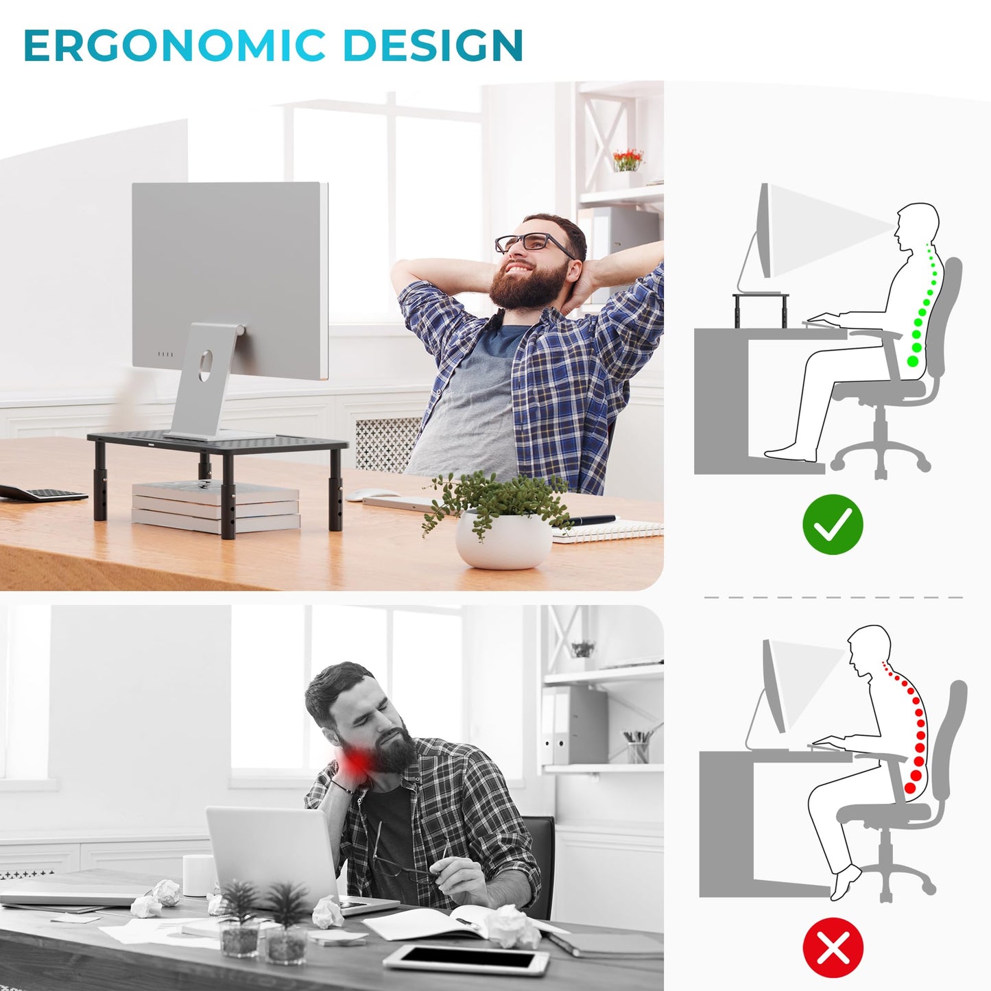 BONTEC Metal Monitor Stand, Adjustable Height Riser for Desk, Ergonomic 3-Level Desk Organizer with Cable Management, Laptop & Computer Monitor Stand up to 20KG, 2 Pack