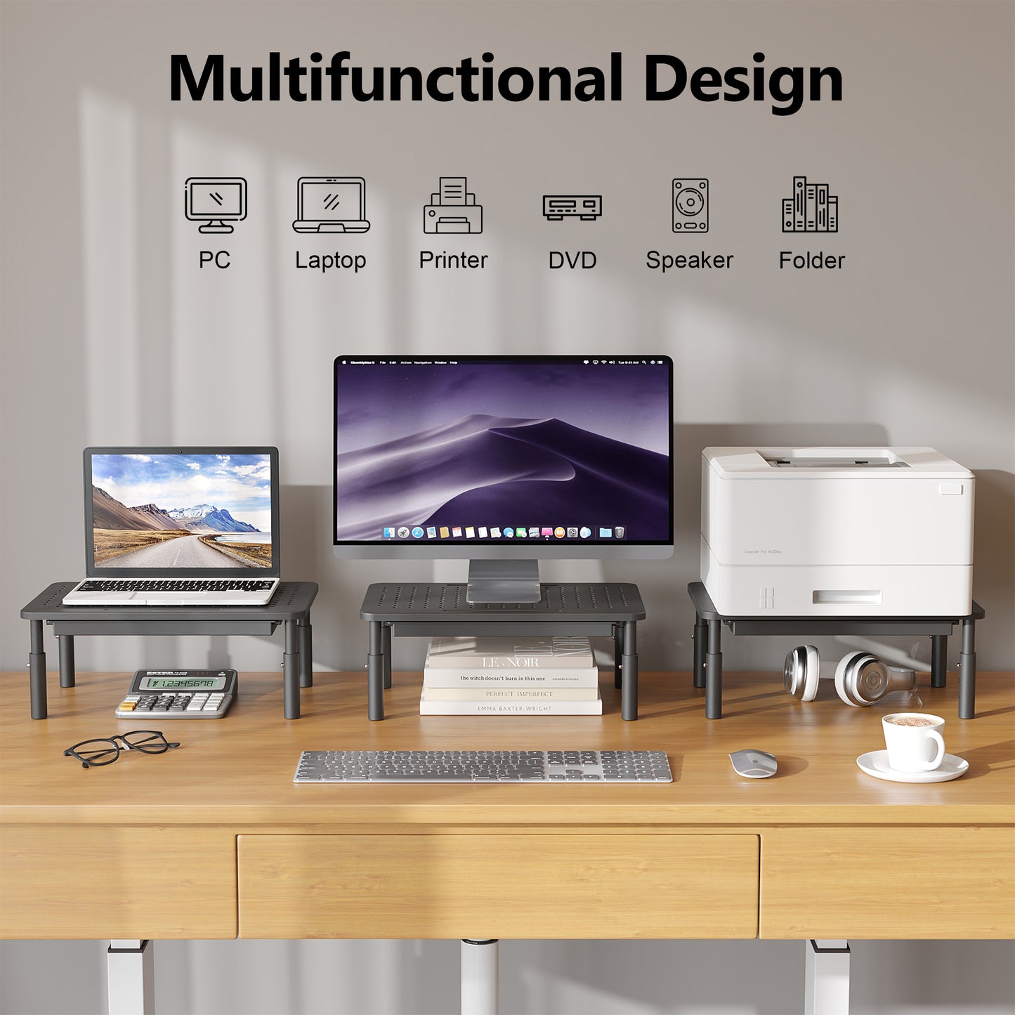 BONTEC Monitor Stand with Drawer, 3 Height Adjustable Monitor Riser for Desk, Mesh Platform for Laptop, Computer, iMac, Printer up to 20KG, Desk Organizer with Cable Ties Included