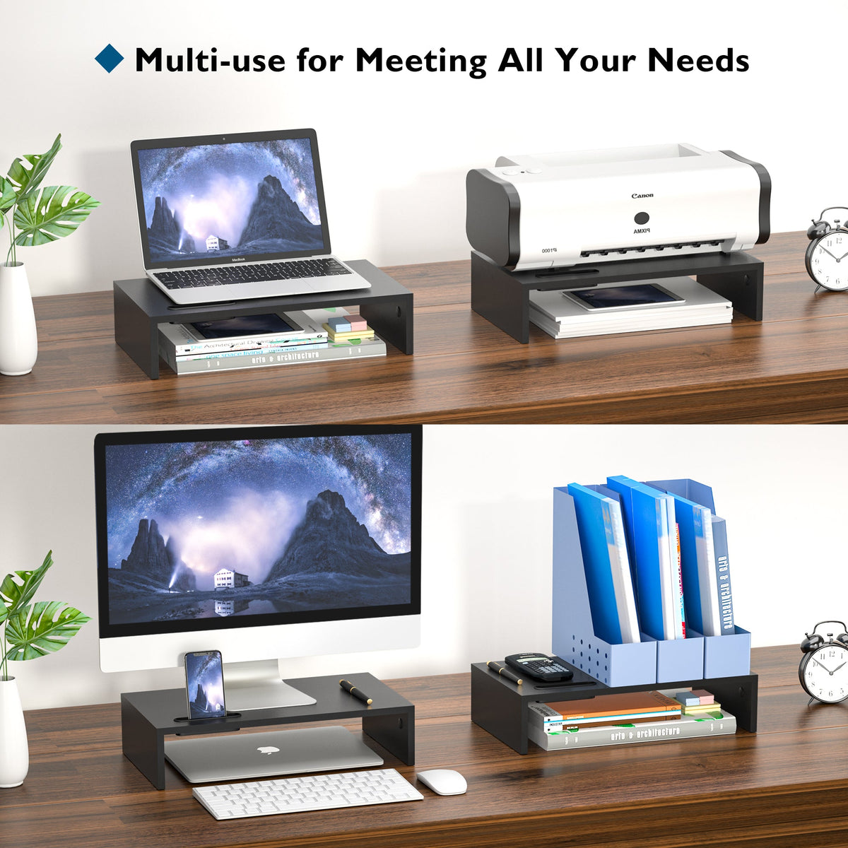 BONTEC Wood Monitor Stand Riser with Smartphone Holder, Ergonomic Laptop Desk Printer Stand with Cable Management for Computer, Notebook, iMac, PC, 1 Tier Black (W420 x D235 x H104mm)