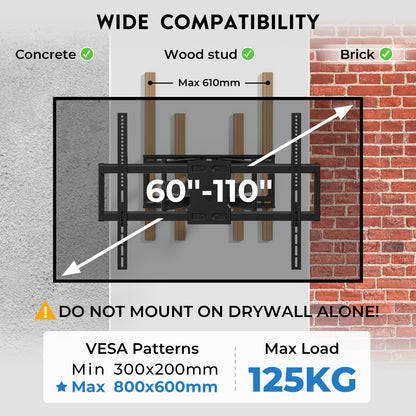 BONTEC TV Wall Bracket for 60-110 Inch TVs, Holds Up to 125kg, Heavy Duty Steel Wall Mount, Extends Up to 1016mm, Max VESA 800x600mm, Swivel and Tilt Wall Bracket with Dual Arms, Full Motion Design