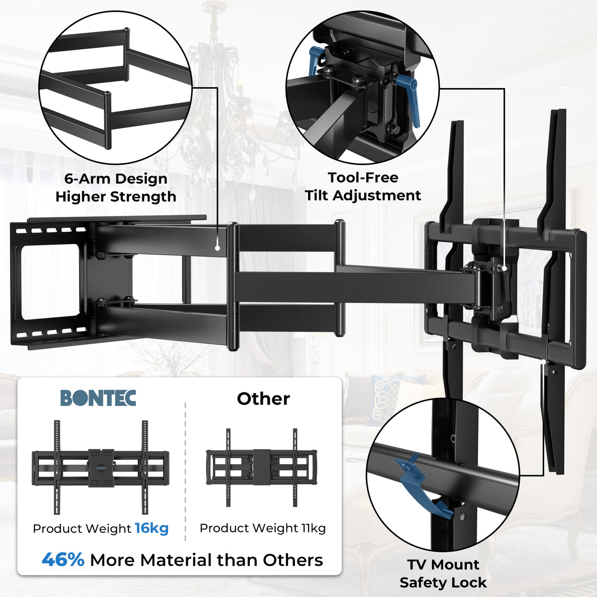 BONTEC TV Wall Bracket for 60-110 Inch TVs, Holds Up to 125kg, Heavy Duty Steel Wall Mount, Extends Up to 1016mm, Max VESA 800x600mm, Swivel and Tilt Wall Bracket with Dual Arms, Full Motion Design