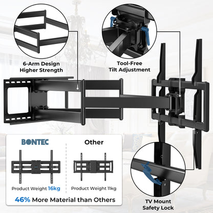 BONTEC TV Wall Bracket for 60-110 Inch TVs, Holds Up to 125kg, Heavy Duty Steel Wall Mount, Extends Up to 1016mm, Max VESA 800x600mm, Swivel and Tilt Wall Bracket with Dual Arms, Full Motion Design