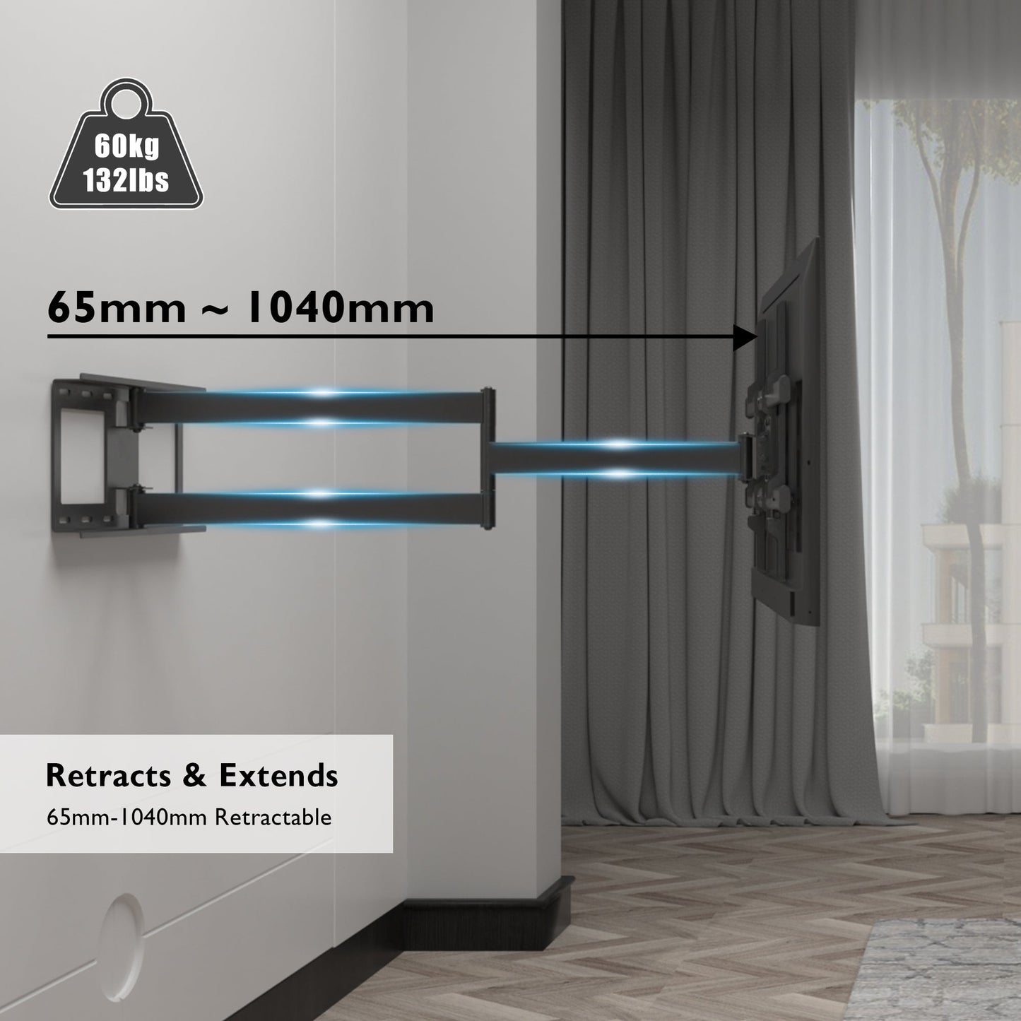BONTEC TV Wall Bracket, Extra Long Articulating Arm for 32-75 Inch TVs, Full Motion TV Wall Mount, Tilt, Swivel, Rotate, Universal Wall Mount, Up to 60 kg, Max VESA 600x400mm, Space Saving