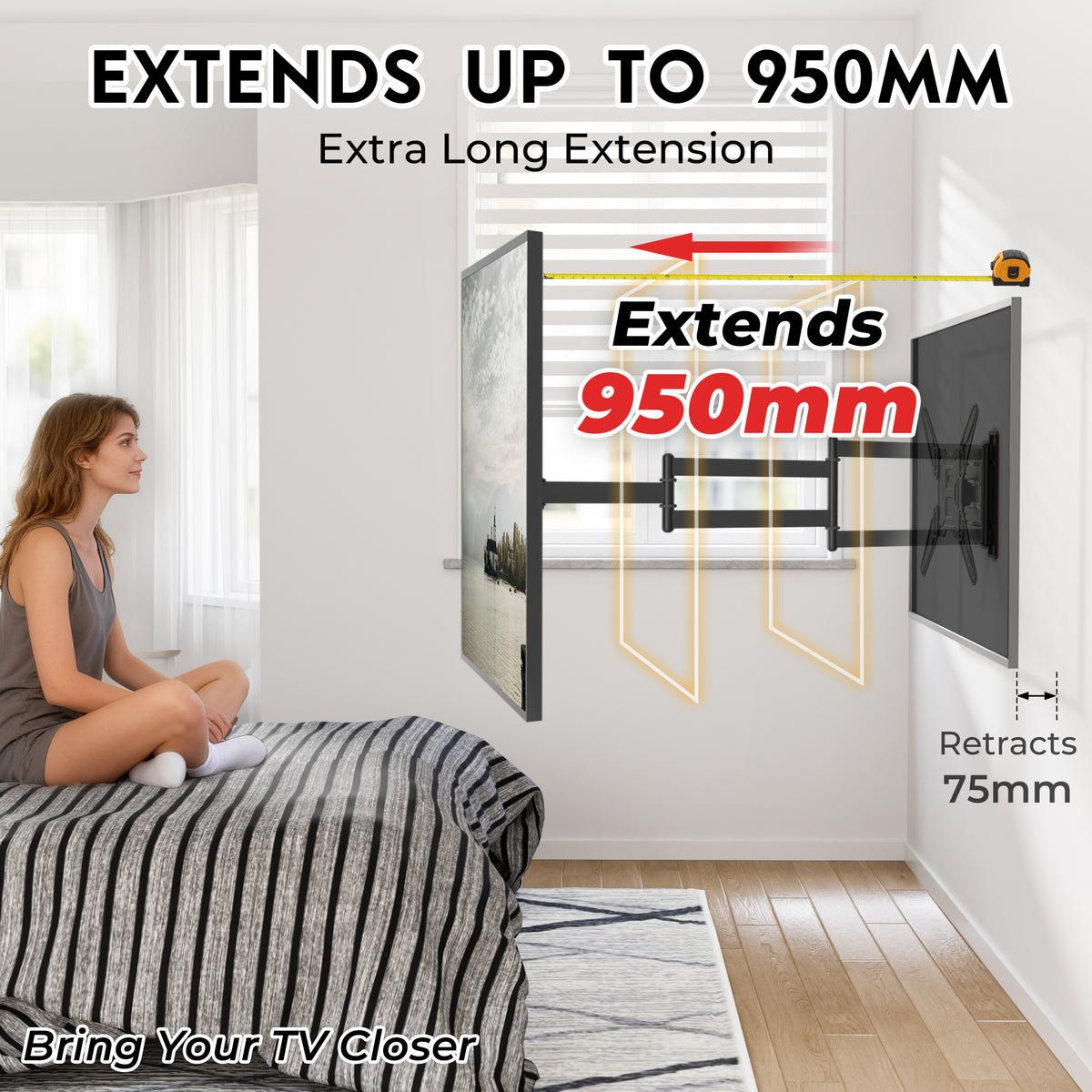 BONTEC TV Wall Bracket for 26-65 Inch LED LCD OLED Flat Curved, Full Motion Tilt and Swivel TV Wall Mount with 950mm Extension, Universal VESA 400x400mm, Corner TV Bracket 35kg for Living Room Bedroom