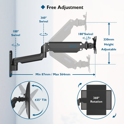 BONTEC Monitor Wall Mount Bracket for 13-32" Screens, Gas Spring Adjustable Monitor Arm, Height Adjustable, Tilt, Swivel & Rotate, VESA 75x75, 100x100mm, Holds up to 9KG, Heavy Duty, Ergonomic Design
