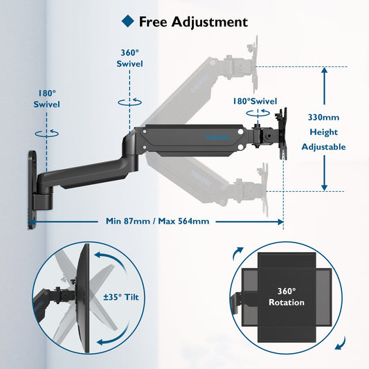BONTEC Monitor Wall Mount Bracket for 13-32" Screens, Gas Spring Adjustable Monitor Arm, Height Adjustable, Tilt, Swivel & Rotate, VESA 75x75, 100x100mm, Holds up to 9KG, Heavy Duty, Ergonomic Design