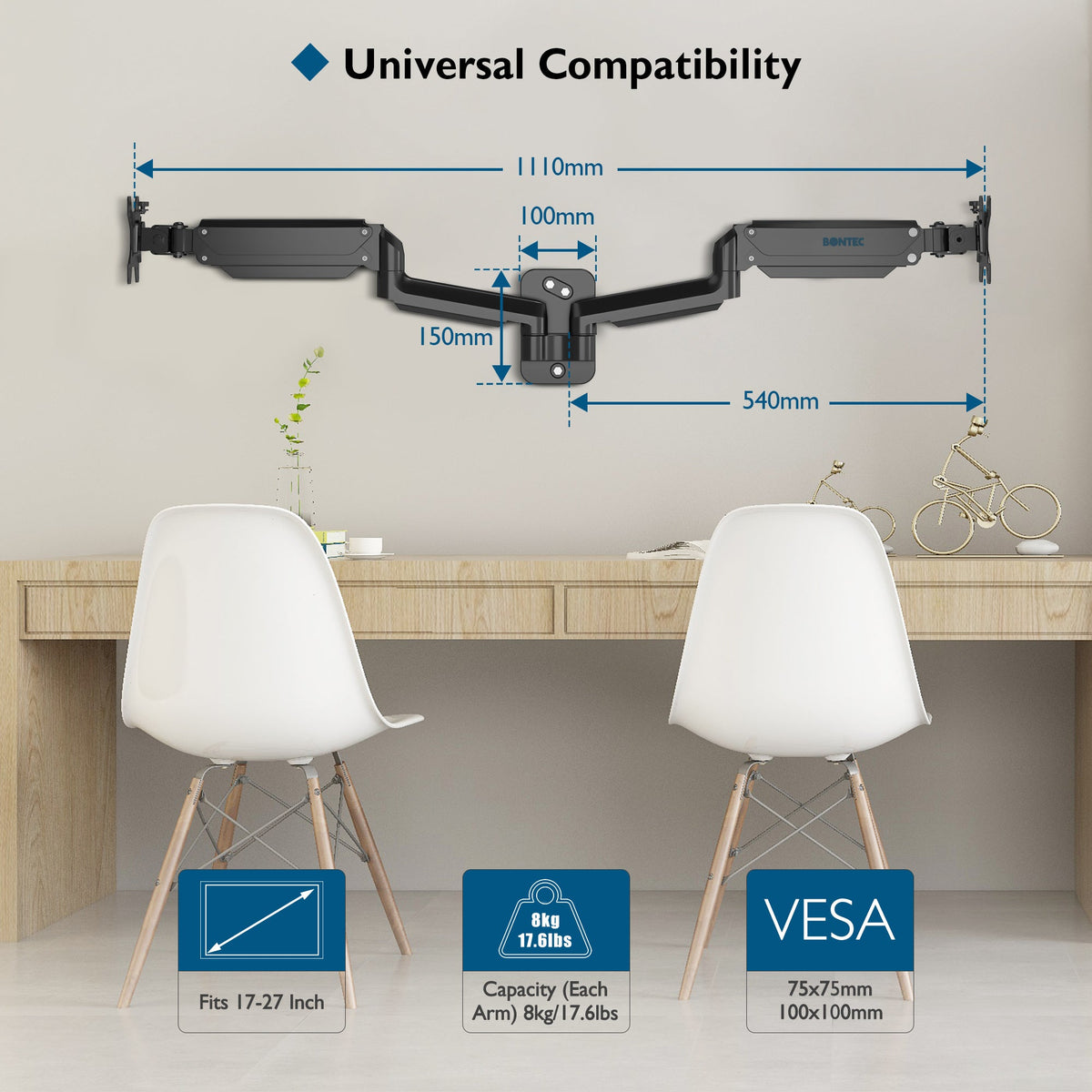 BONTEC Monitor Wall Mount Bracket for 13-32" Screens, Gas Spring Adjustable Monitor Arm, Height Adjustable, Tilt, Swivel & Rotate, VESA 75x75, 100x100mm, Holds up to 9KG, Heavy Duty, Ergonomic Design