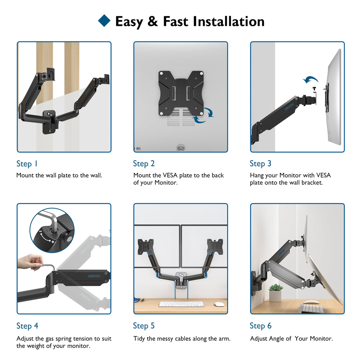 BONTEC Monitor Wall Mount Bracket for 13-32" Screens, Gas Spring Adjustable Monitor Arm, Height Adjustable, Tilt, Swivel & Rotate, VESA 75x75, 100x100mm, Holds up to 9KG, Heavy Duty, Ergonomic Design