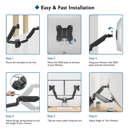 BONTEC Monitor Wall Mount Bracket for 13-32" Screens, Gas Spring Adjustable Monitor Arm, Height Adjustable, Tilt, Swivel & Rotate, VESA 75x75, 100x100mm, Holds up to 9KG, Heavy Duty, Ergonomic Design