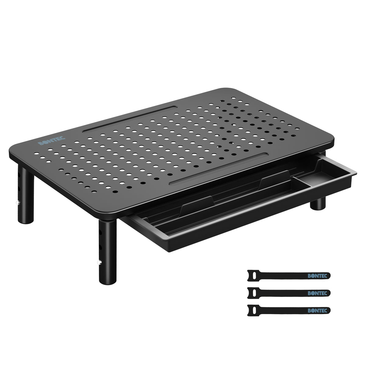 BONTEC Monitor Stand with Drawer, 3 Height Adjustable Monitor Riser for Desk, Mesh Platform for Laptop, Computer, iMac, Printer up to 20KG, Desk Organizer with Cable Ties Included