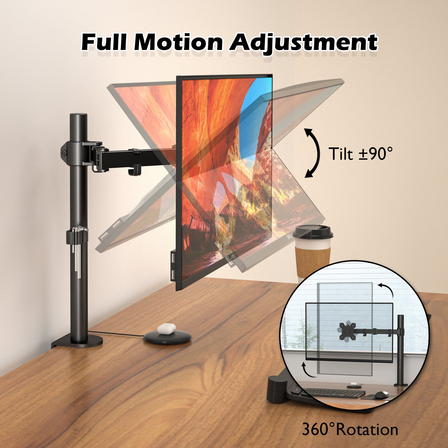 BONTEC  Single Monitor Arm Desk Mount for 13-32 Inch Screens, Height Adjustable, Tilt, Swivel, 360° Rotation, Steel VESA Mount up to 10kg, Fits 75x75/100x100mm, Ergonomic, Space-Saving, Durable Design