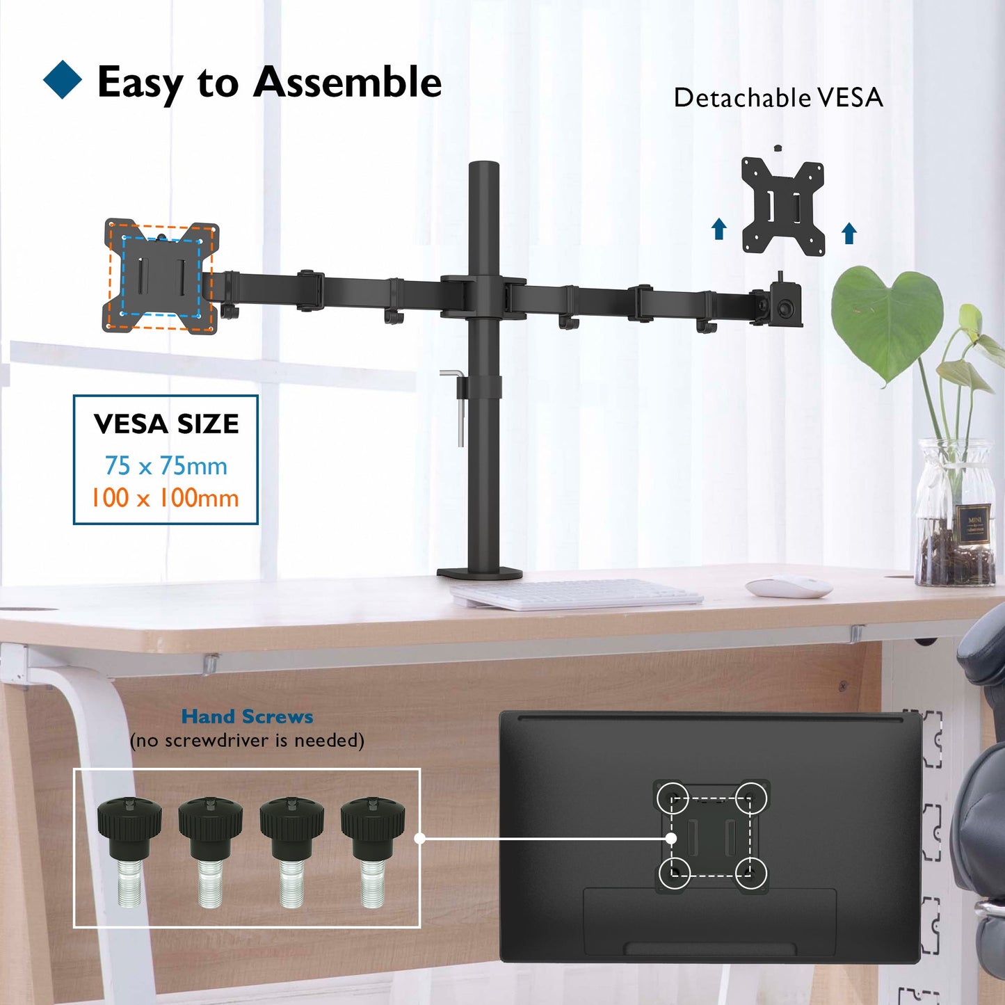 BONTEC Dual Monitor Arm Desk Mount for 13–27 Inch Computer Screens, VESA 75x75/100x100, Full Motion Adjustable Monitor Arm with 360° Rotation, Height Adjustable up to 430mm, Max 10kg per Arm