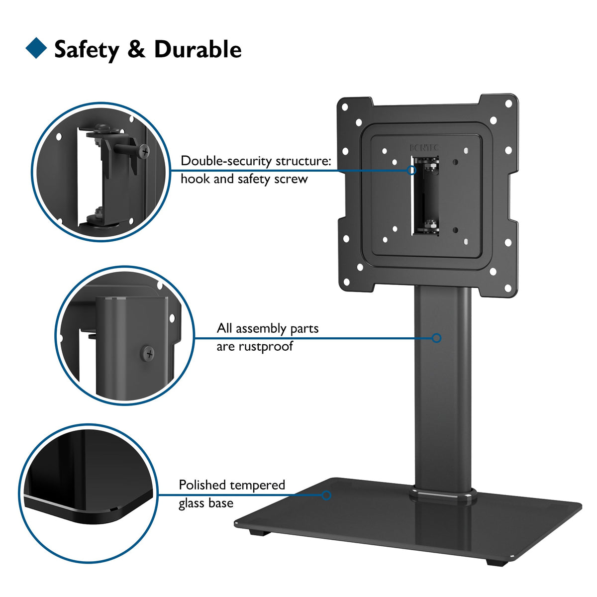 BONTEC Universal Swivel TV Stand for 17-43 inch Screens, Height Adjustable Table Top Pedestal TV Stand for LCD/LED/OLED/Plasma/Curved TVs up to 45kg, 2 Cable Ties Included
