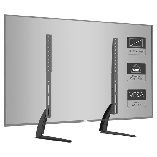 BONTEC Universal Table Desk TV Stand, 22-65 Inch, Height Adjustable, 50 kg, Max VESA 800x400 mm, pedestal base, replacement design, space saving, LCD LED screens, easy assembly, living rooms, black