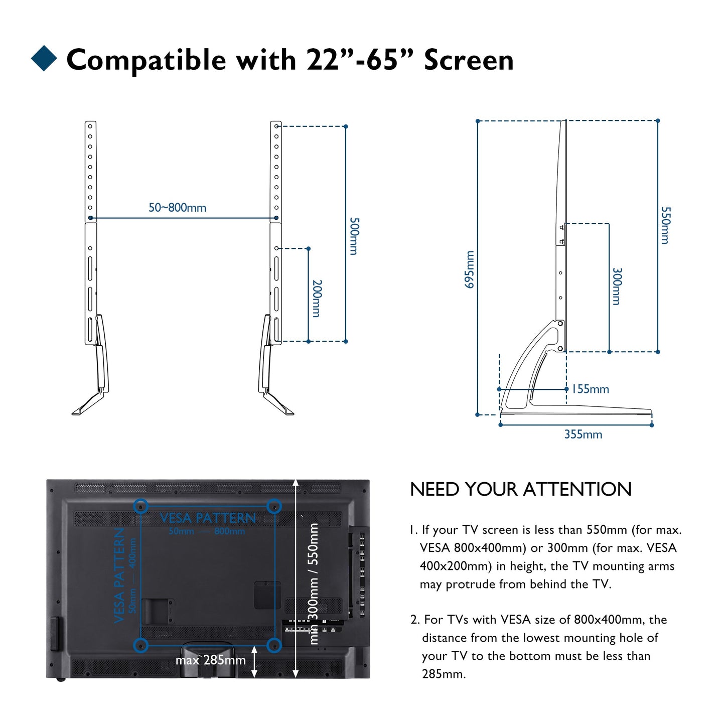 BONTEC Universal Table Desk TV Stand, 22-65 Inch, Height Adjustable, 50 kg, Max VESA 800x400 mm, pedestal base, replacement design, space saving, LCD LED screens, easy assembly, living rooms, black