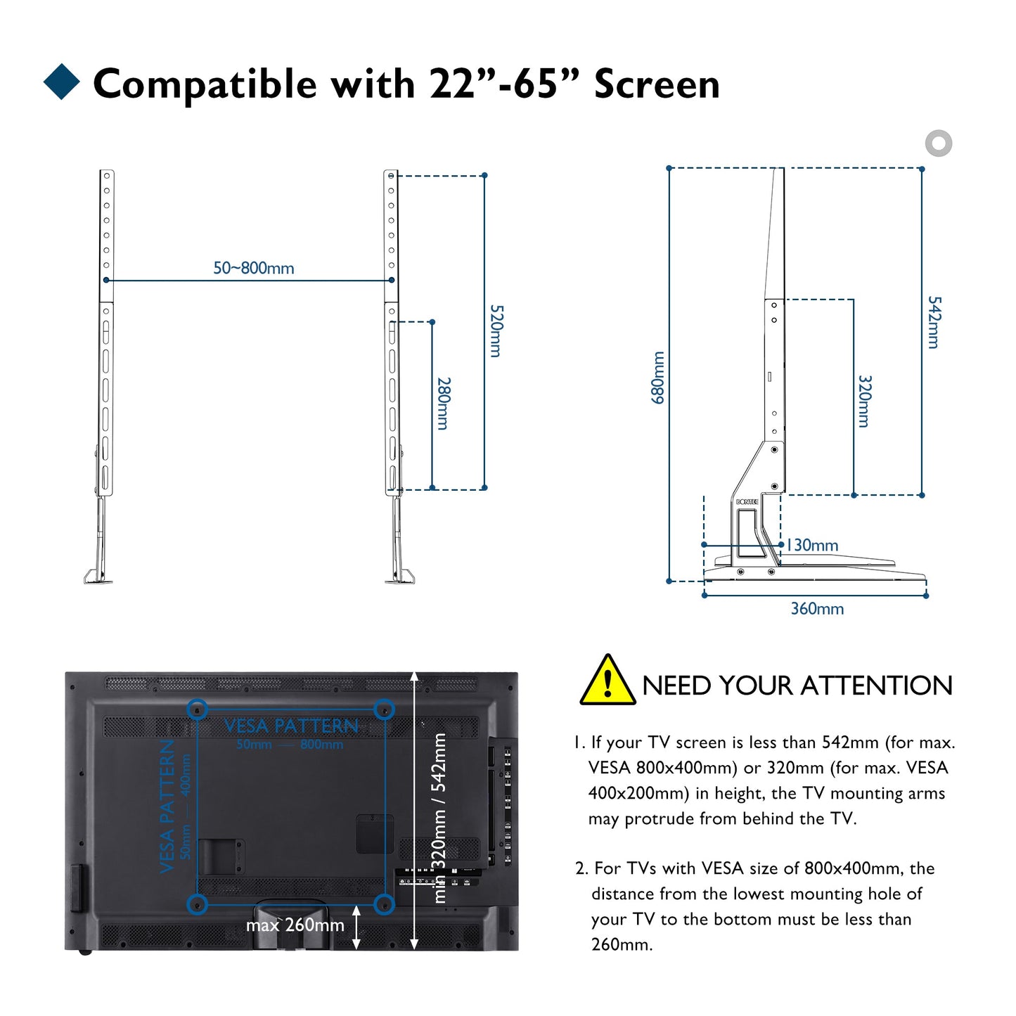 BONTEC Universal Table Top TV Stand Pedestal for 22-65 inch LCD/LED/OLED/Plasma TVs, Replacement TV Stand Legs for Screen Monitor Riser, Securely Holds 50KG & Max.VESA 800x400mm