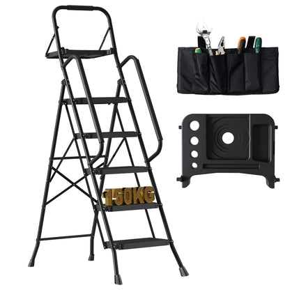 BONTEC 5 Step Ladder, Foldable Metal Stool with Tool Tray, 150 kg Load Steel frame, wide anti-slip pedals, sponge-covered handrail, compact storage, for kitchens, garages, indoor and outdoor tasks